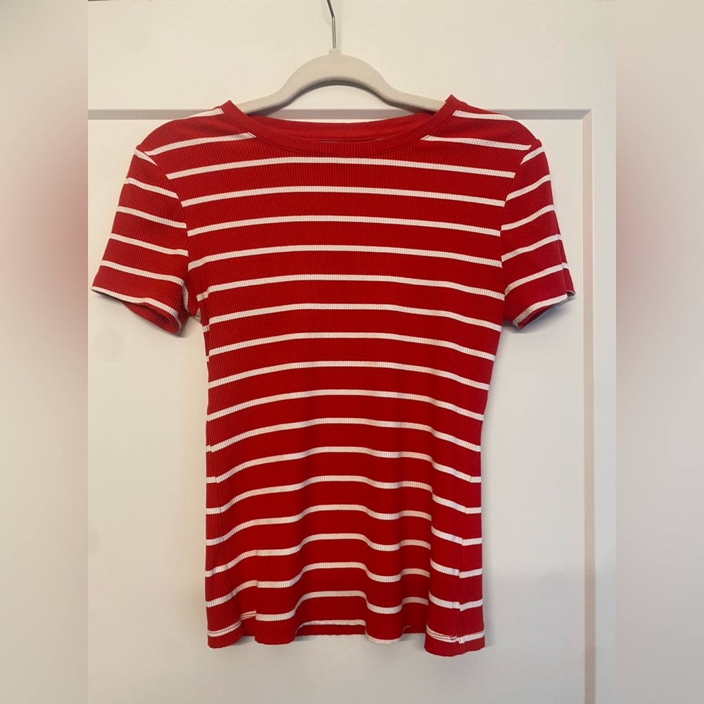 Nine West Red and White Striped Short Sleeve Tee